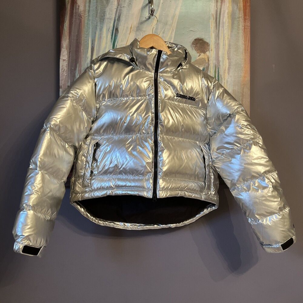 Saintart Womens Sz L Silver Foil Metallic Puffer 100% Down Lightweight Jacket